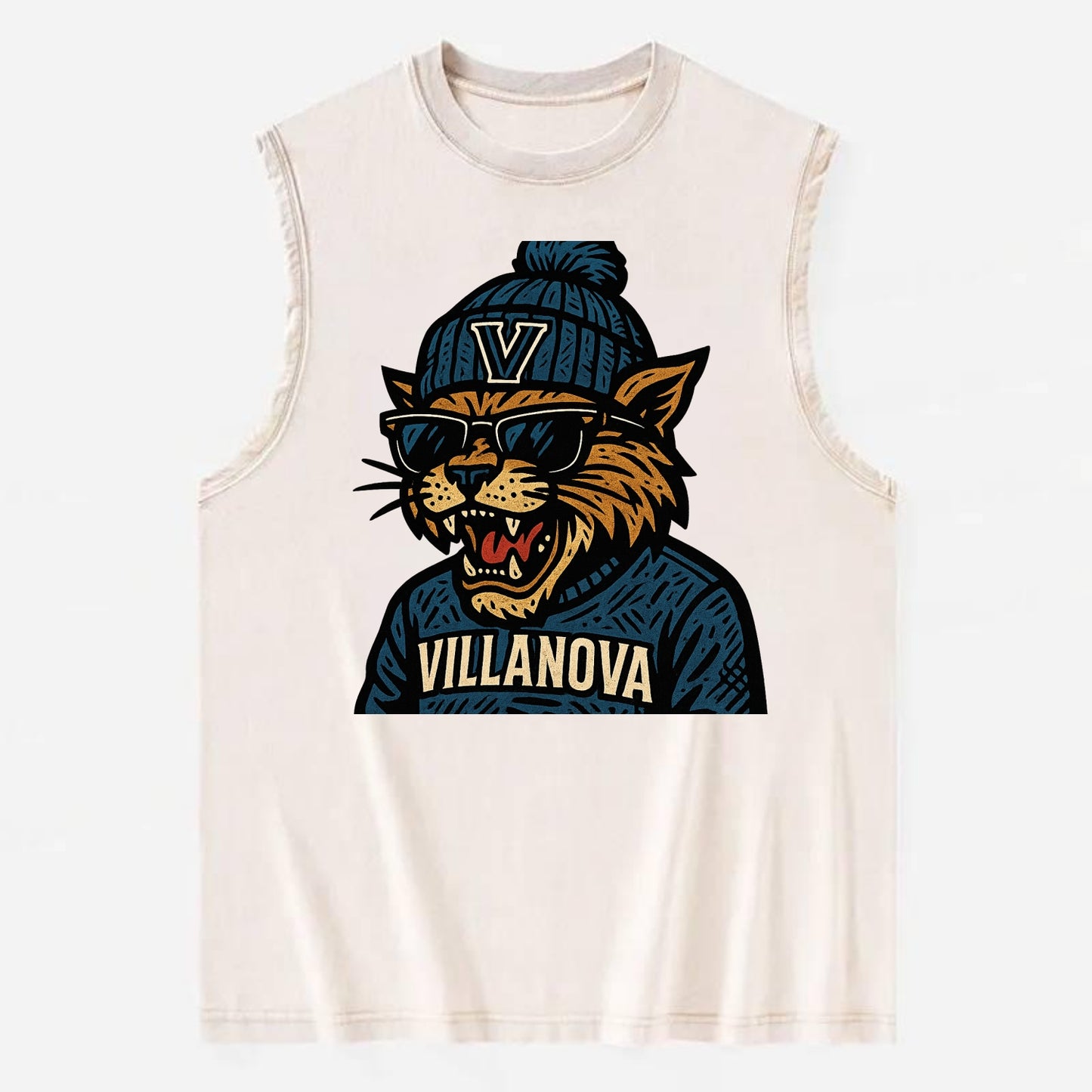 Villanova Wildcat wearing Villanova beanie with V patch - Vintage Washed Tank - Beige