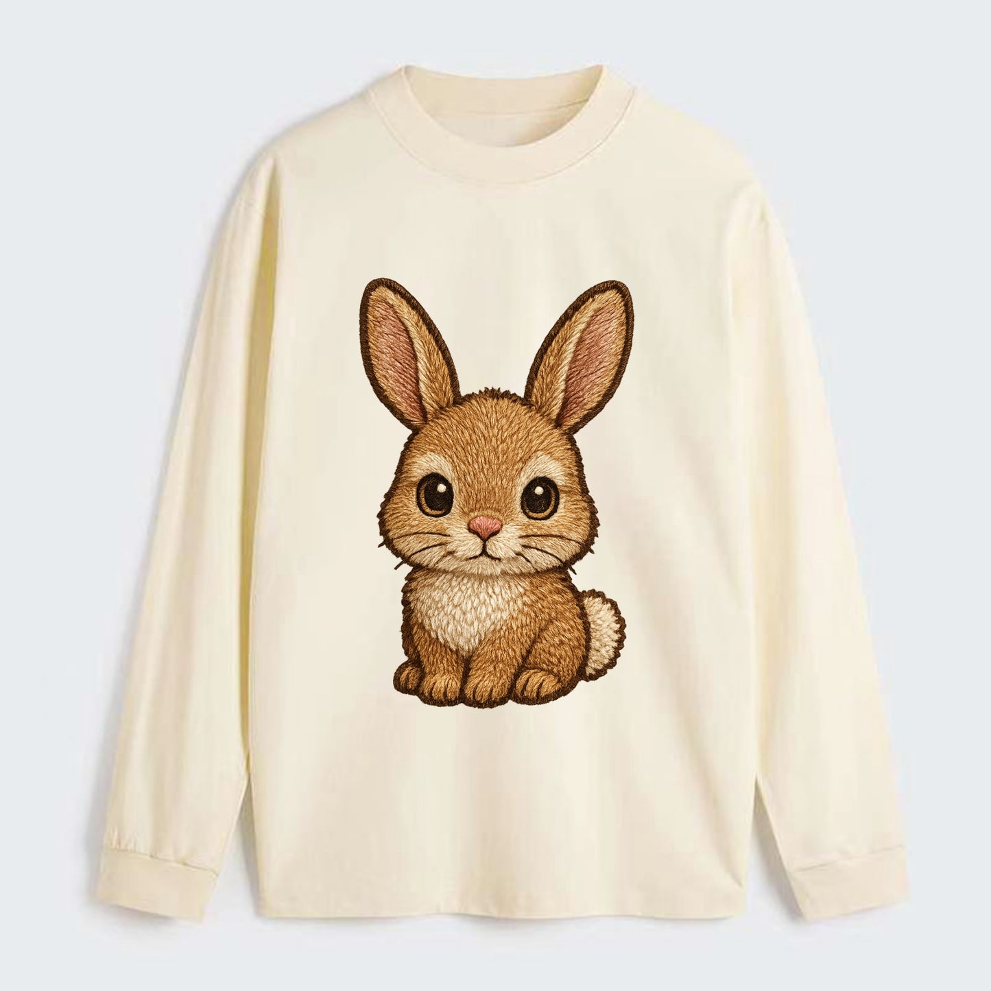 Baby Rabbit - long ears, fluffy white tail, pink nose, large brown - Classic Long Sleeve Shirt - Beige