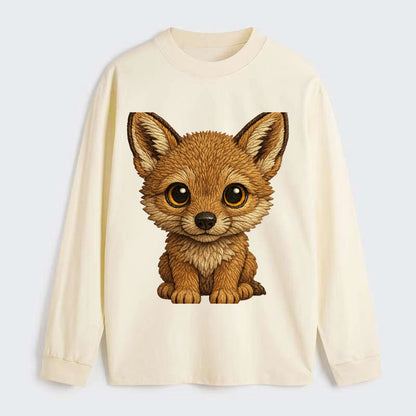 Baby Coyote Pup - tan fur, large ears, golden eyes, front-facing, - Classic Long Sleeve Shirt - Beige