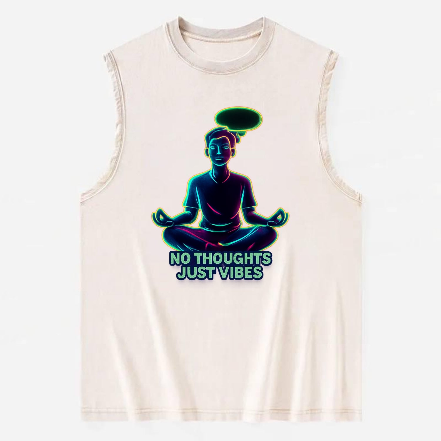Peaceful floating figure with empty thought bubble - "no thoughts just vibes" - Vintage Washed Tank - Beige