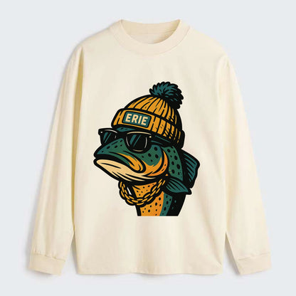 Erie Lake Trout wearing Erie beanie with pom pom and wayfarer sunglasses - Classic Long Sleeve Shirt - Beige