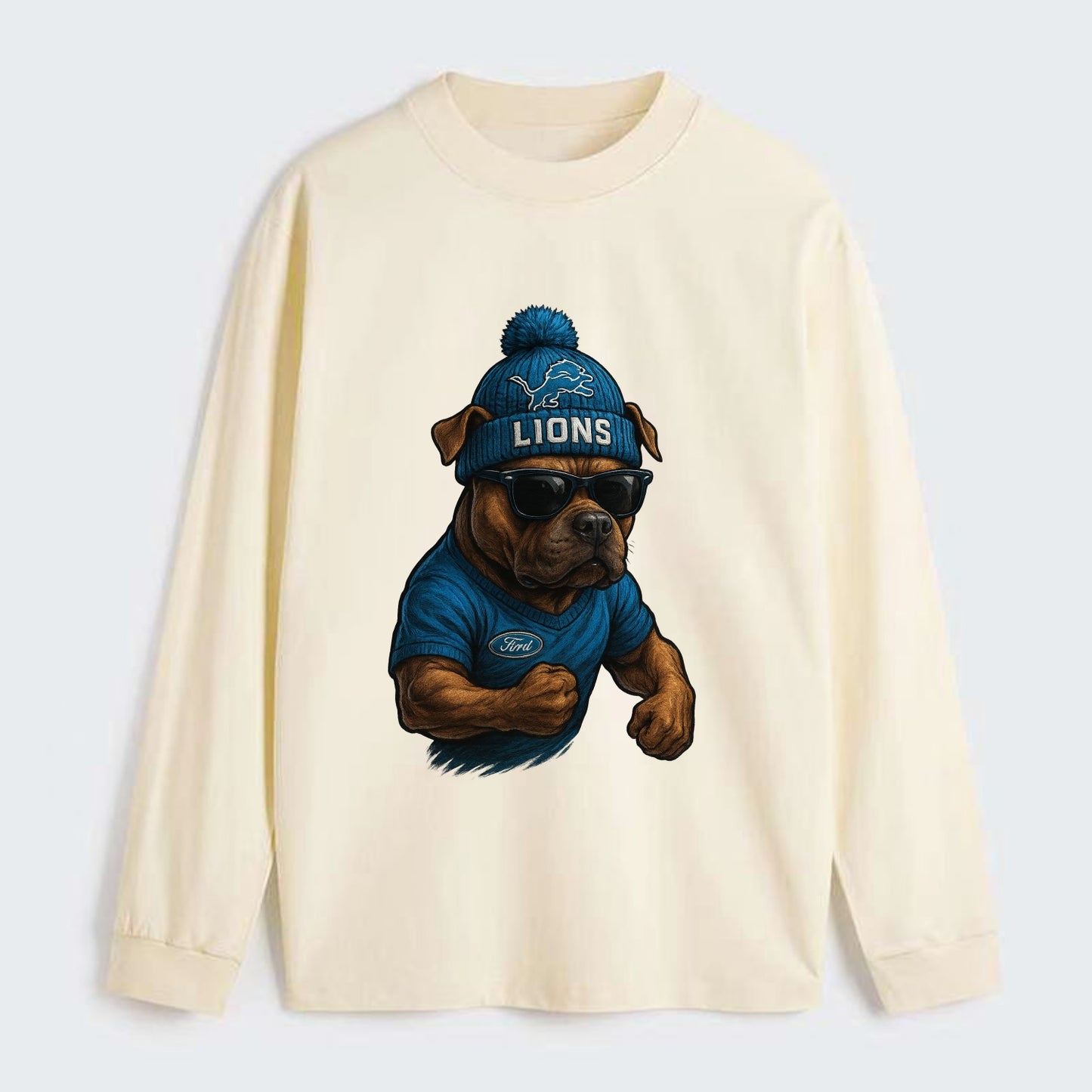 Detroit Pitbull wearing Lions beanie with auto patch and wayfarer - Classic Long Sleeve Shirt - Beige