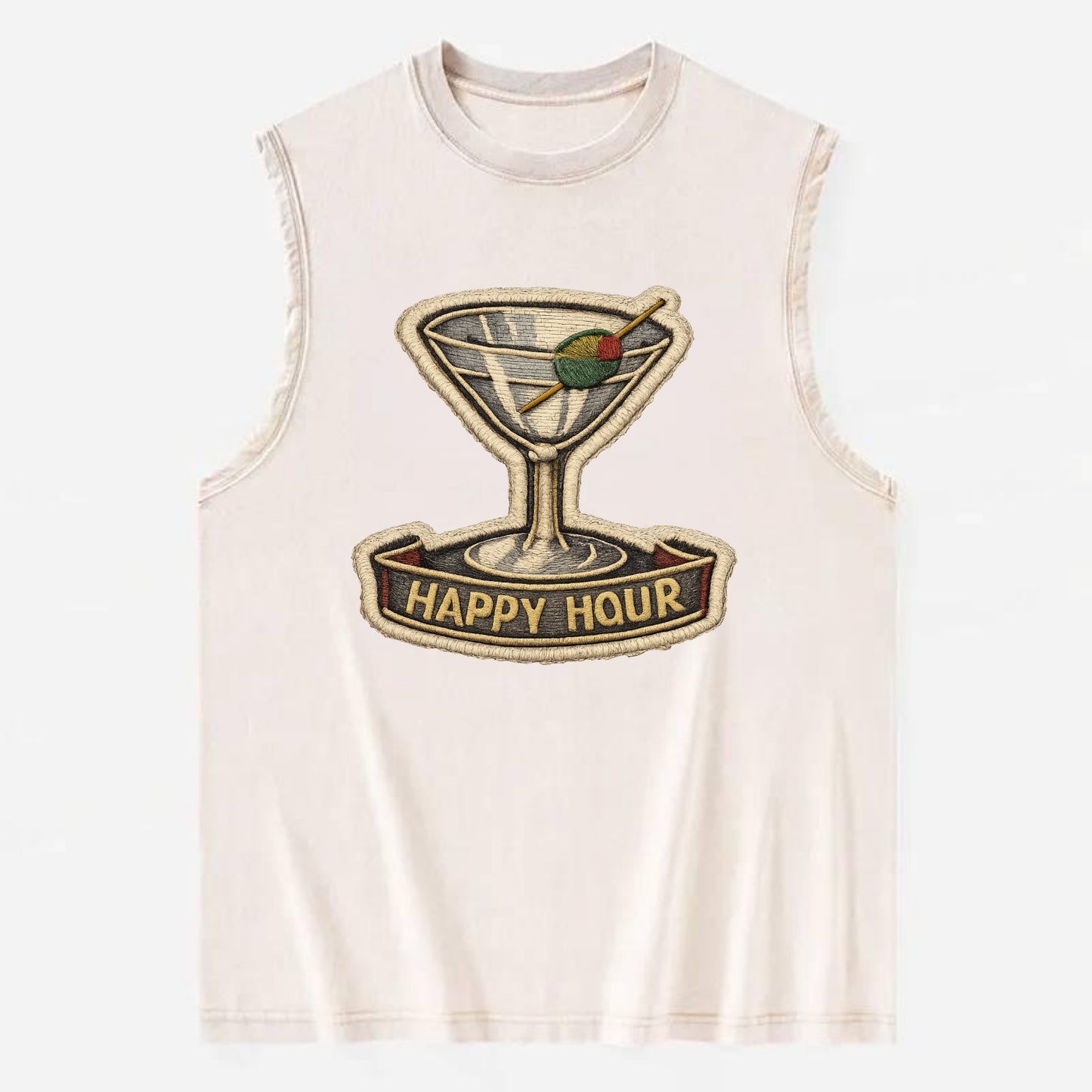 COCKTAIL MARTINI - martini glass with olive in silver and green , happy hour - Vintage Washed Tank - Beige