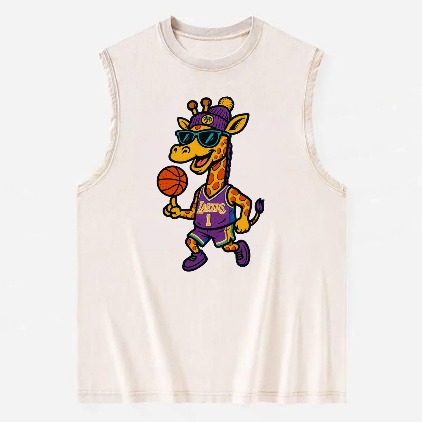 California Giraffe wearing Lakers beanie with palm tree patch and wayfarer - Vintage Washed Tank - Beige