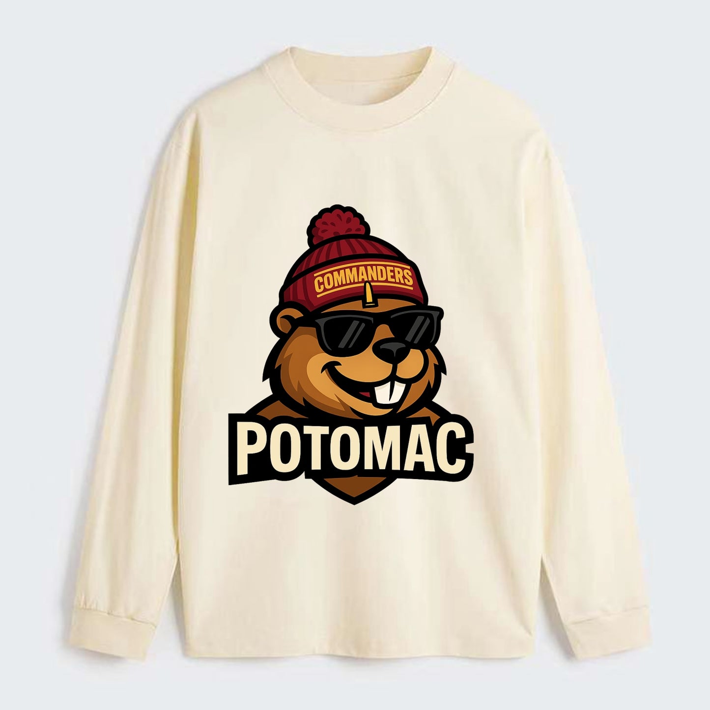 Potomac Beaver wearing Commanders beanie with monument patch and - Classic Long Sleeve Shirt - Beige