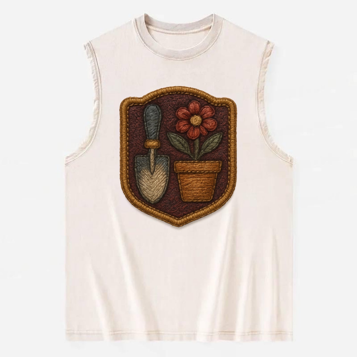 Garden trowel with flower pot - gardener badge - Vintage Washed Tank - Beige