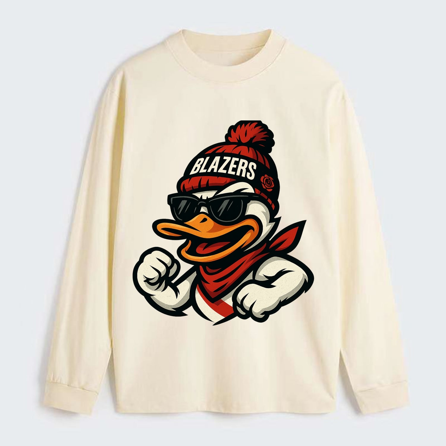 Oregon Duck wearing Trail Blazers beanie with rose patch and wayfarer - Classic Long Sleeve Shirt - Beige