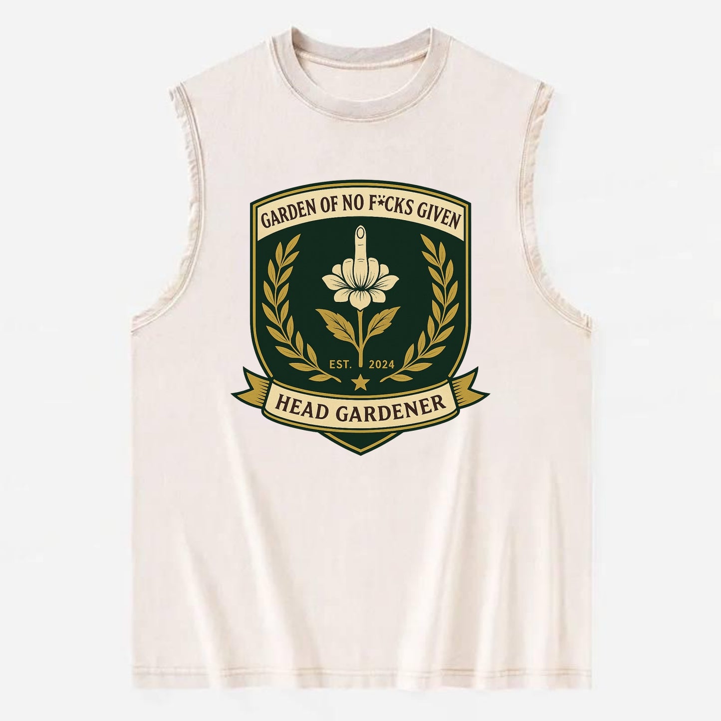 Shield with middle finger flower - "Garden of No F*cks Given - Head Gardener" - Vintage Washed Tank - Beige