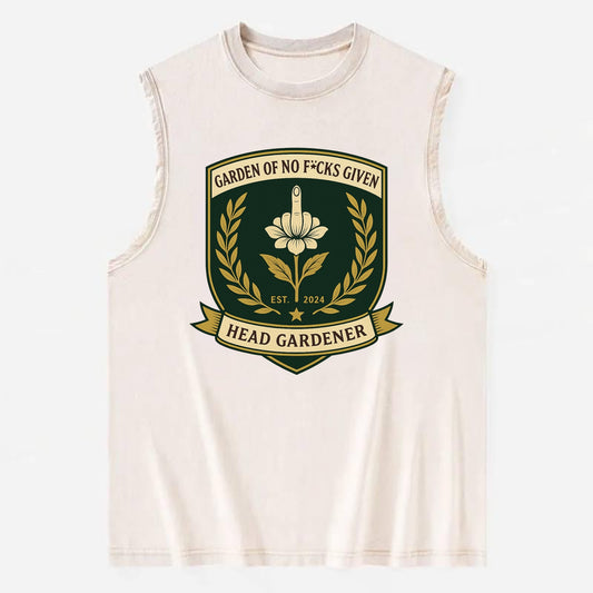 Shield with middle finger flower - "Garden of No F*cks Given - Head Gardener" - Vintage Washed Tank - Beige