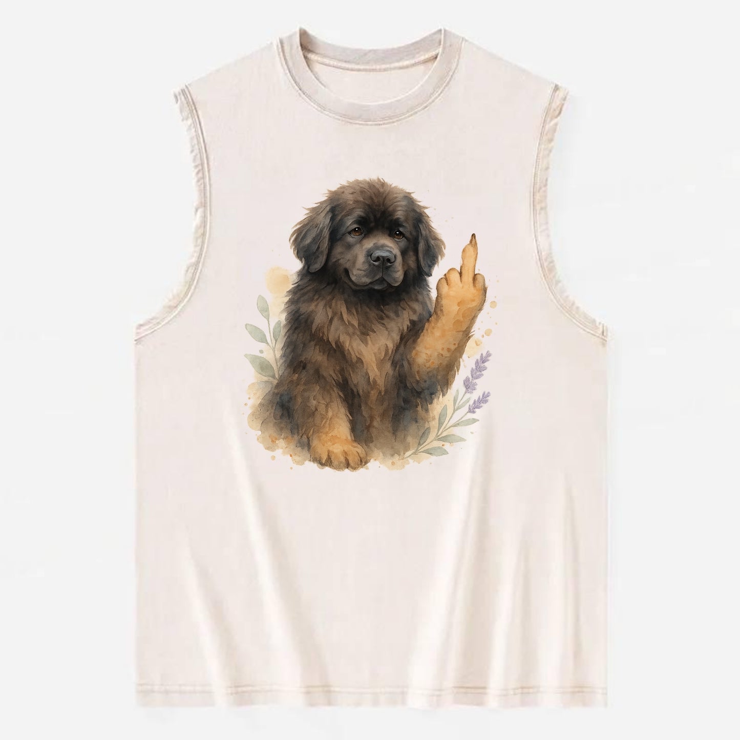 Newfoundland fluffy bear-like with webbed paws, massive gentle paw up - Vintage Washed Tank - Beige