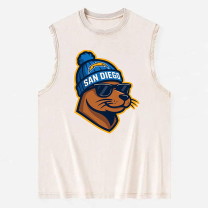 San Diego Sea Lion wearing Chargers beanie with bolt patch and wayfarer - Vintage Washed Tank - Beige