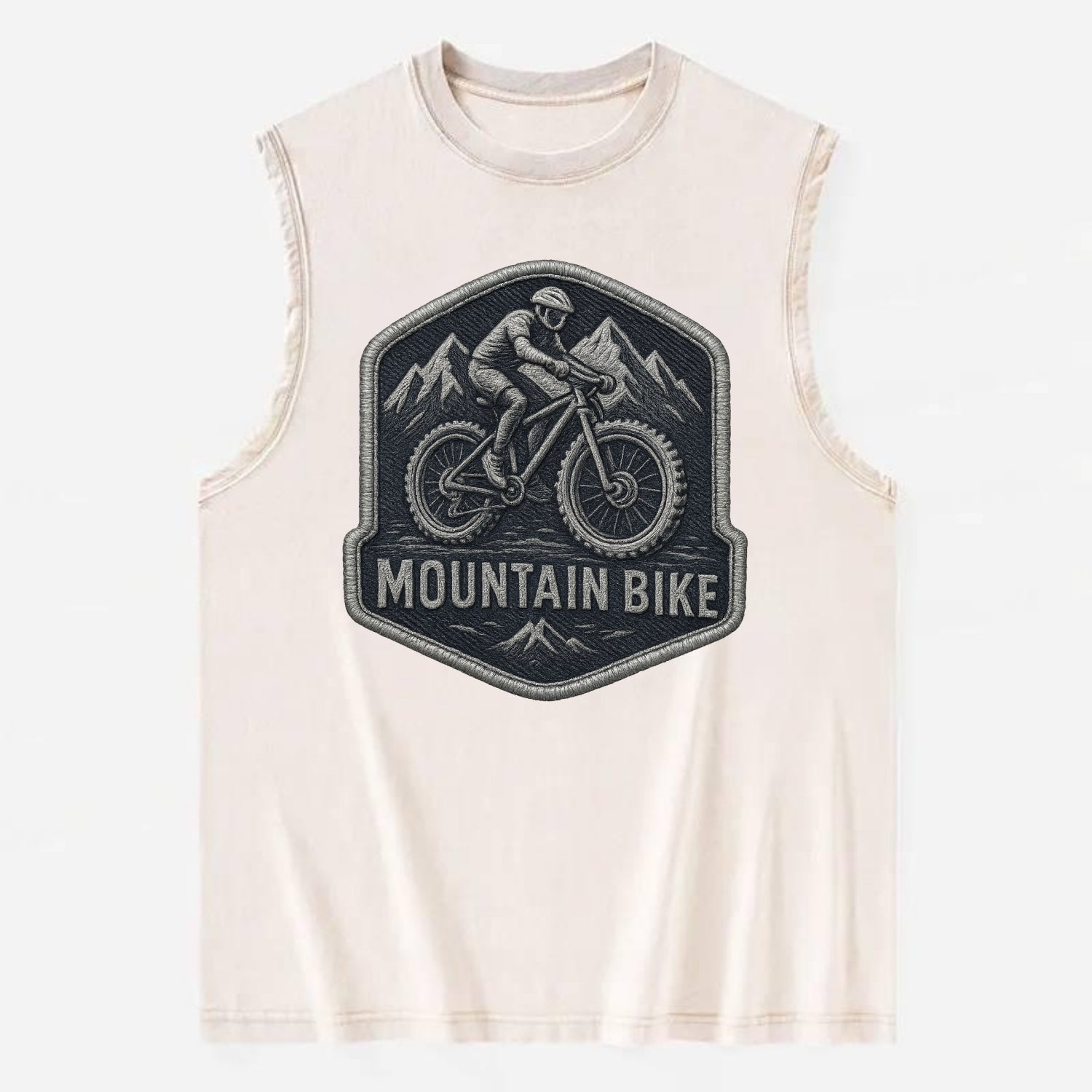 Mountain bike with rugged tires - cyclist badge - Vintage Washed Tank - Beige