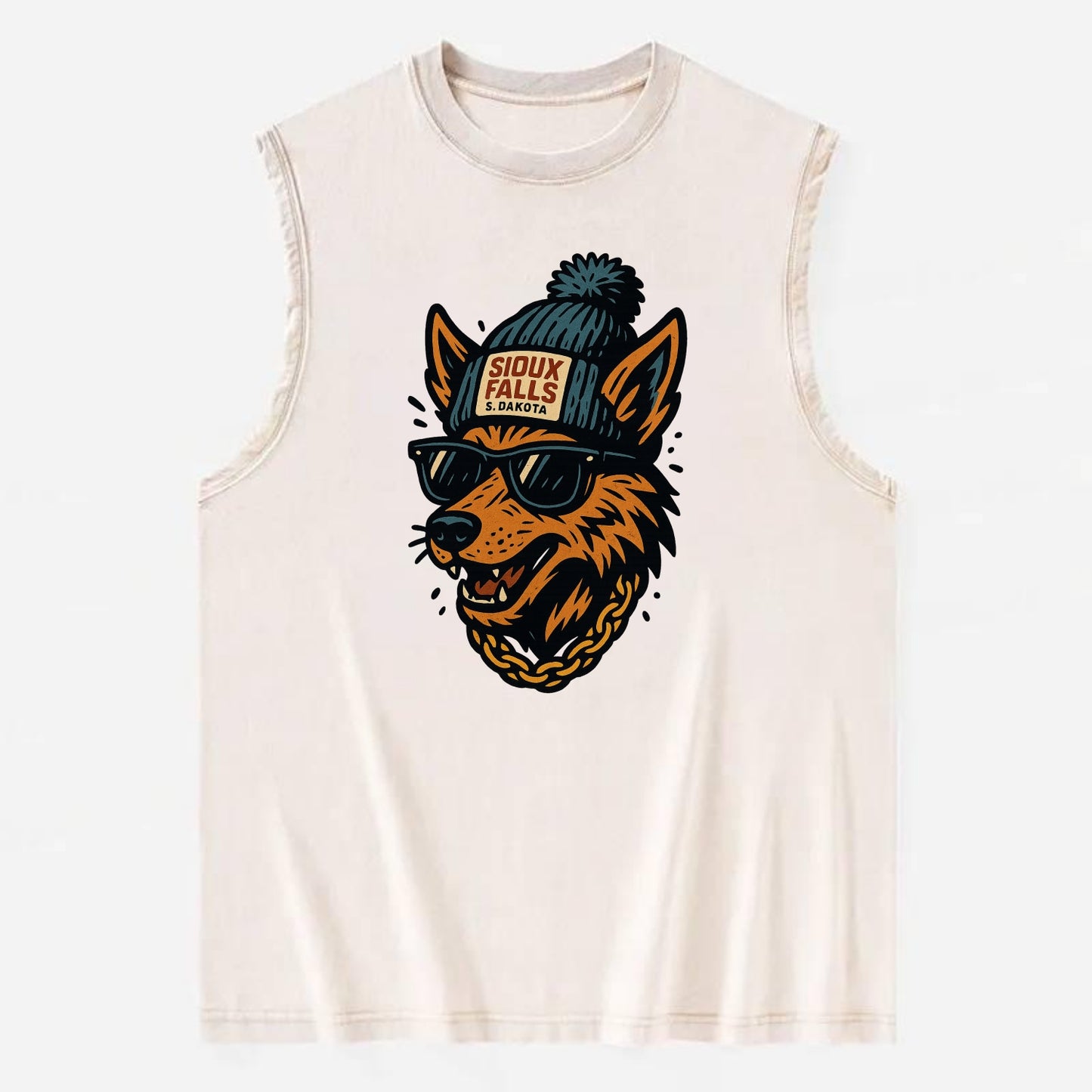 South Dakota Coyote wearing Sioux Falls beanie with pom pom and wayfarer - Vintage Washed Tank - Beige