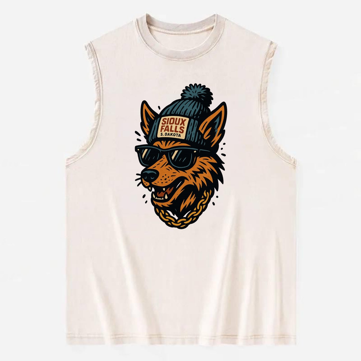 South Dakota Coyote wearing Sioux Falls beanie with pom pom and wayfarer - Vintage Washed Tank - Beige