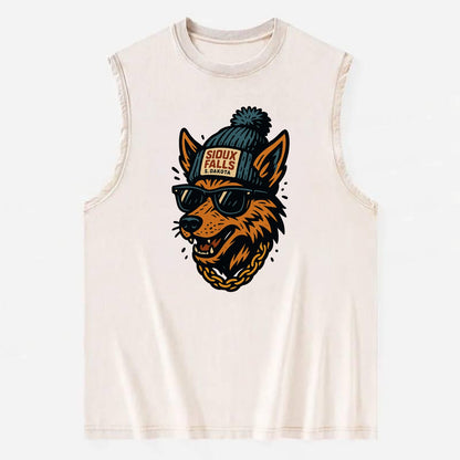 South Dakota Coyote wearing Sioux Falls beanie with pom pom and wayfarer - Vintage Washed Tank - Beige
