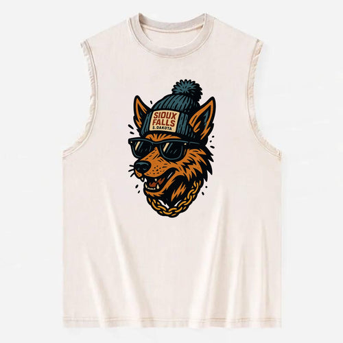 South Dakota Coyote wearing Sioux Falls beanie with pom pom and wayfarer - Vintage Washed Tank