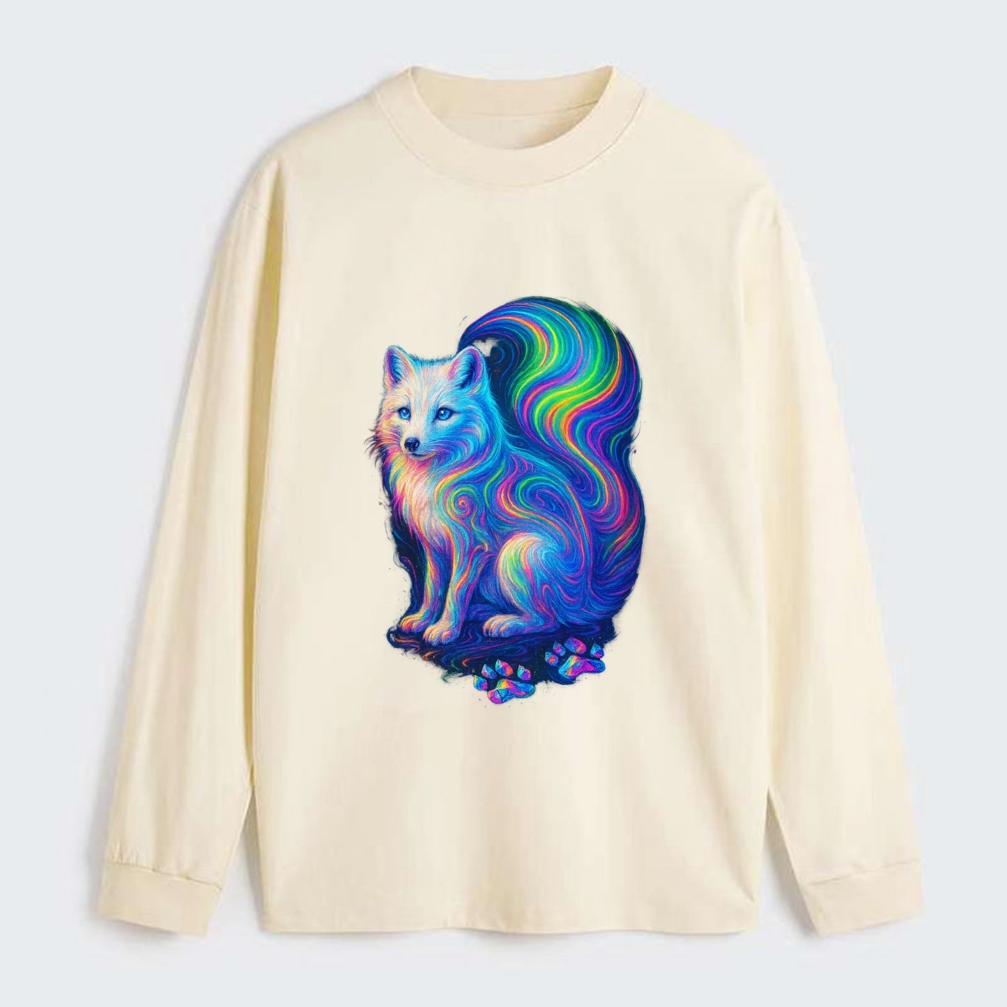 Graceful arctic fox with tail streaming aurora colors, white fur with - Classic Long Sleeve Shirt - Beige