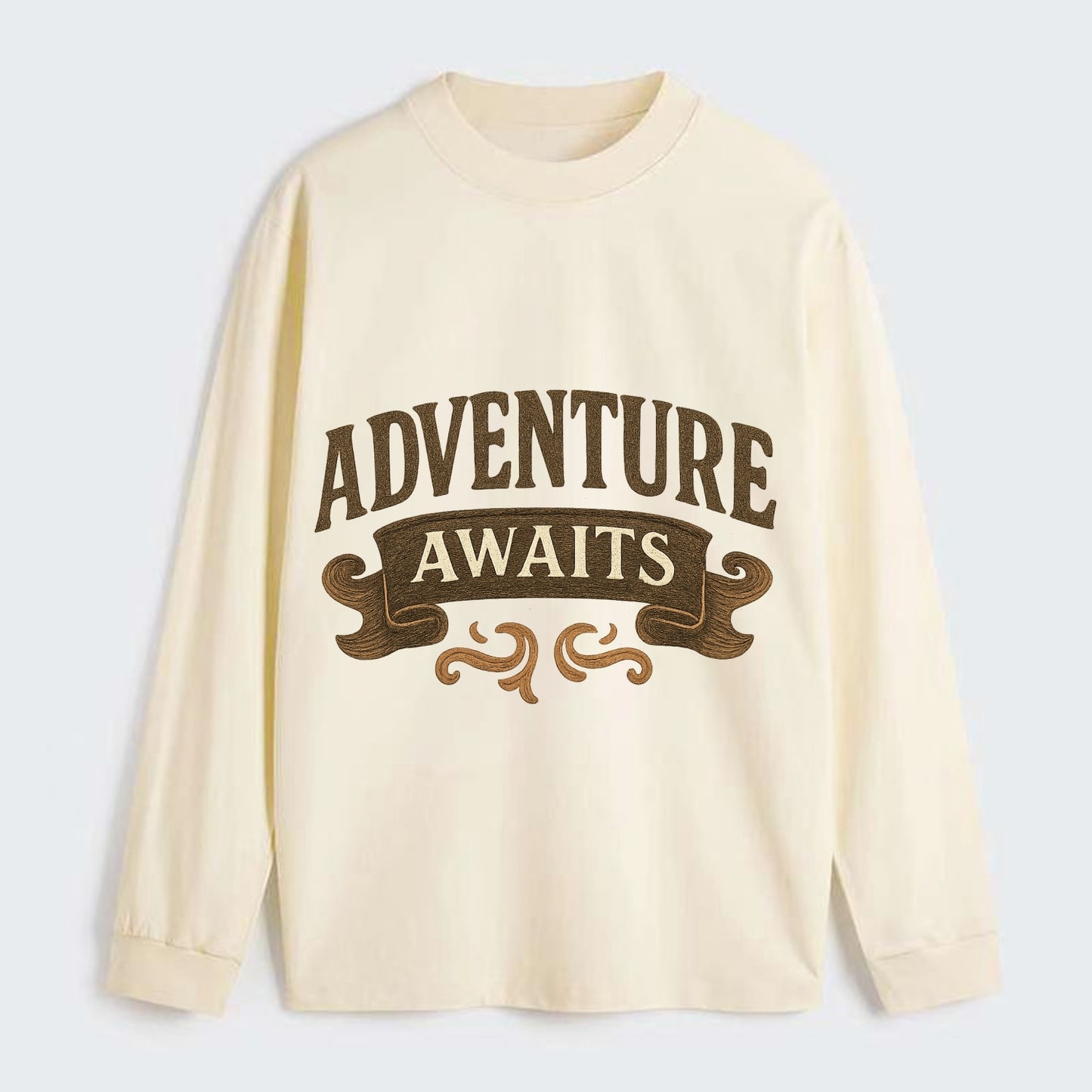 Bold typography design - "ADVENTURE AWAITS" - excitement ahead, ready - Classic Long Sleeve Shirt - Beige