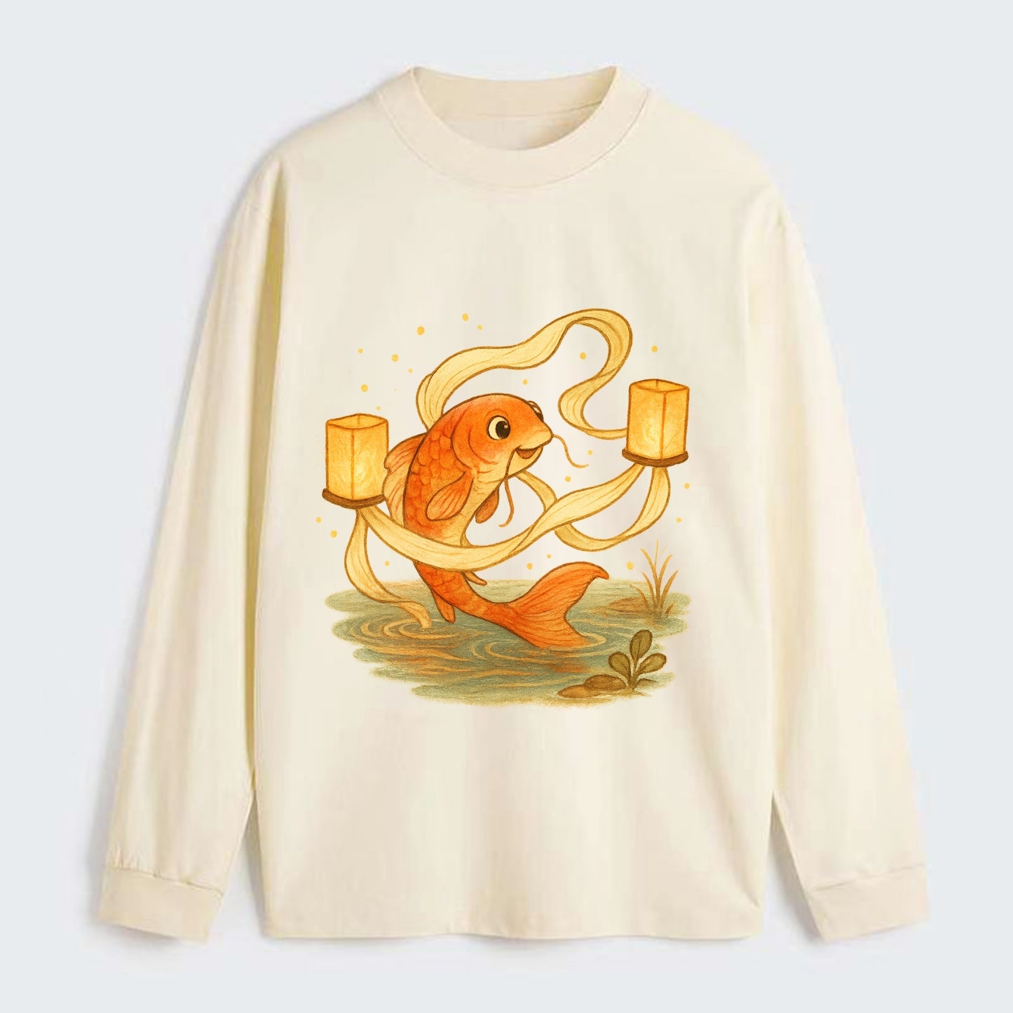 Koi weaving silk streamers through floating lanterns on tranquil water - Classic Long Sleeve Shirt - Beige