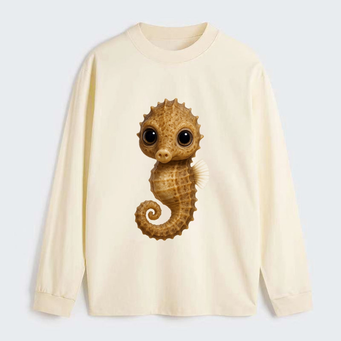Baby Seahorse - curled tail, snout, large eyes, front-facing, delicate - Classic Long Sleeve Shirt - Beige