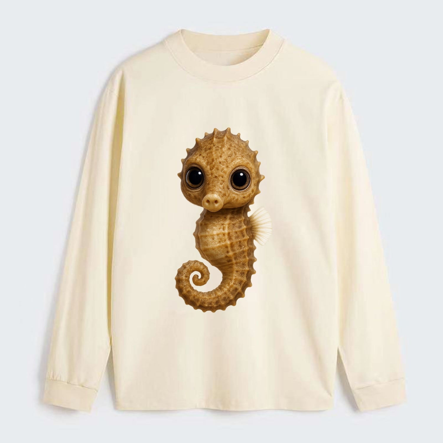 Baby Seahorse - curled tail, snout, large eyes, front-facing, delicate - Classic Long Sleeve Shirt - Beige