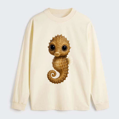 Baby Seahorse - curled tail, snout, large eyes, front-facing, delicate - Classic Long Sleeve Shirt - Beige