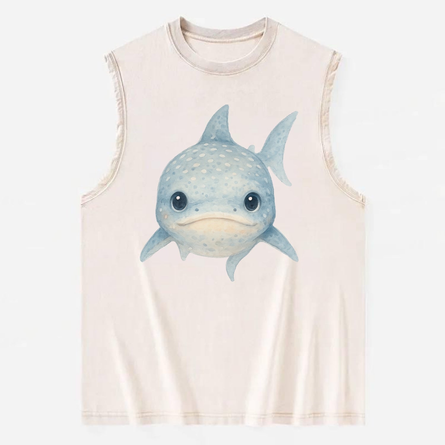 Baby Whale Shark - spotted blue-gray, wide mouth closed, tiny eyes, - Vintage Washed Tank - Beige