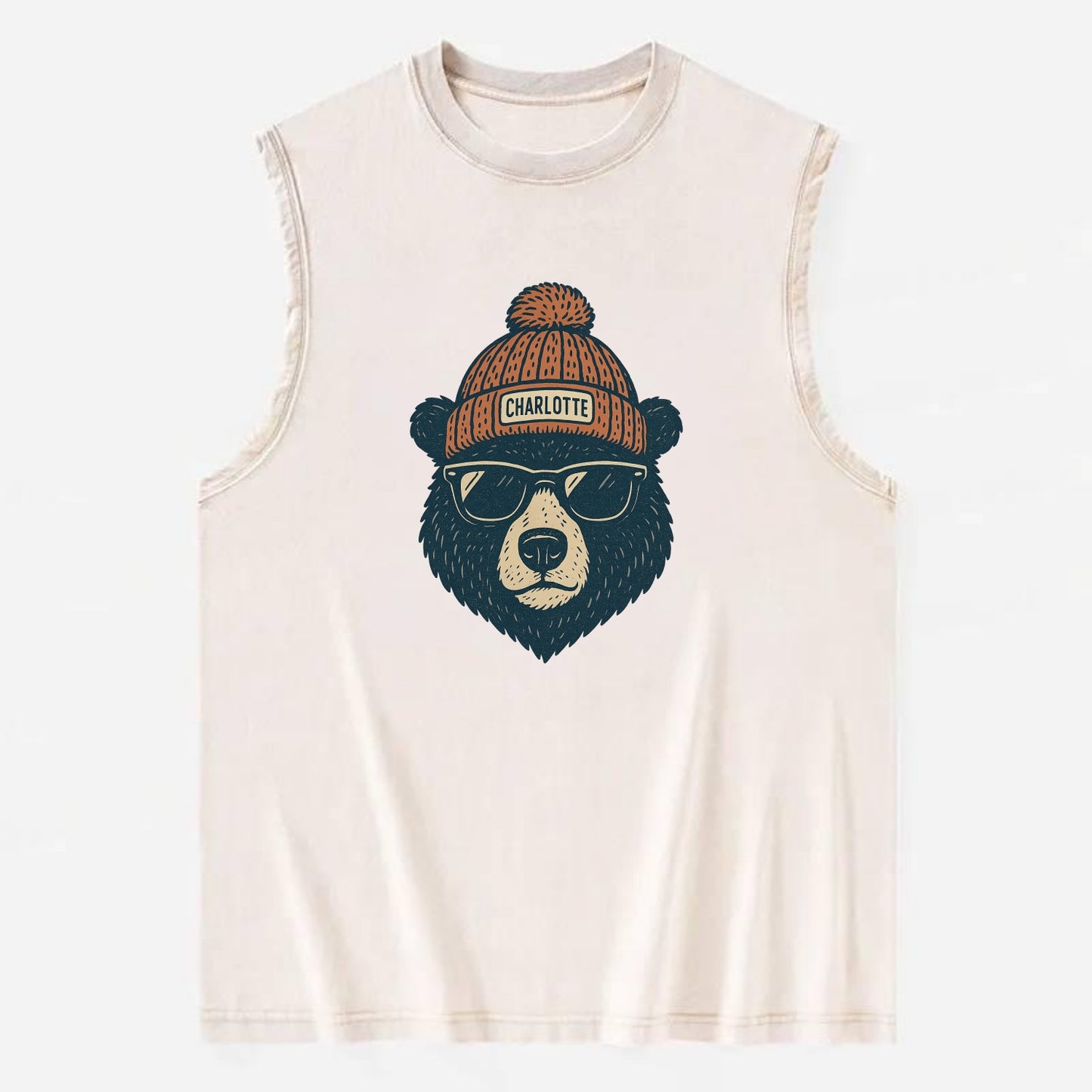 North Carolina Black Bear wearing Charlotte beanie with pom pom and wayfarer - Vintage Washed Tank - Beige