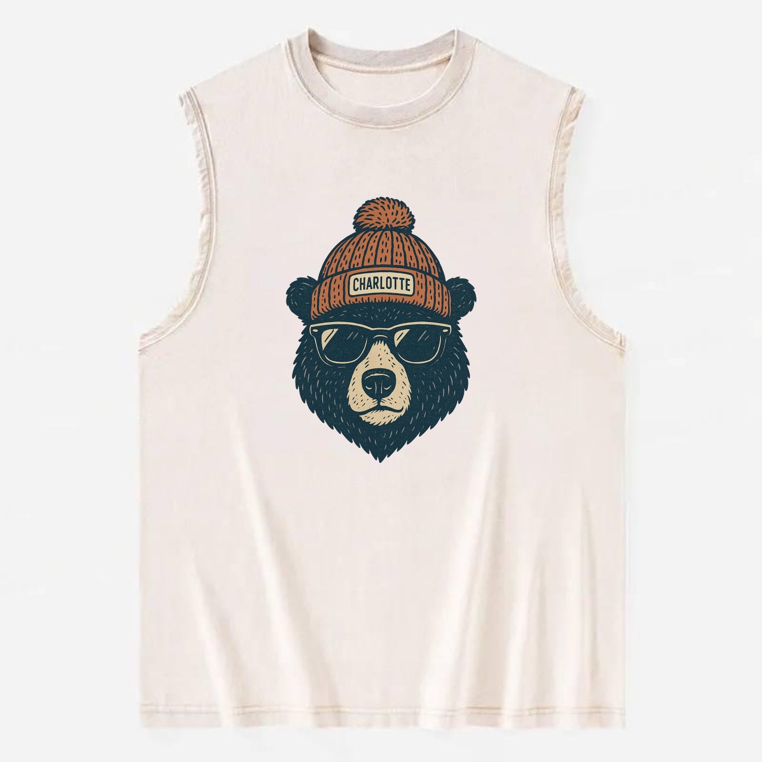 North Carolina Black Bear wearing Charlotte beanie with pom pom and wayfarer - Vintage Washed Tank - Beige
