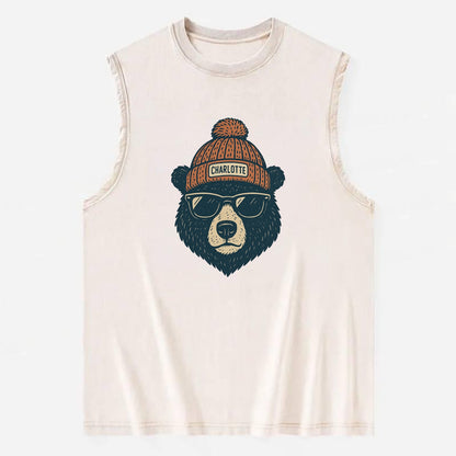 North Carolina Black Bear wearing Charlotte beanie with pom pom and wayfarer - Vintage Washed Tank - Beige
