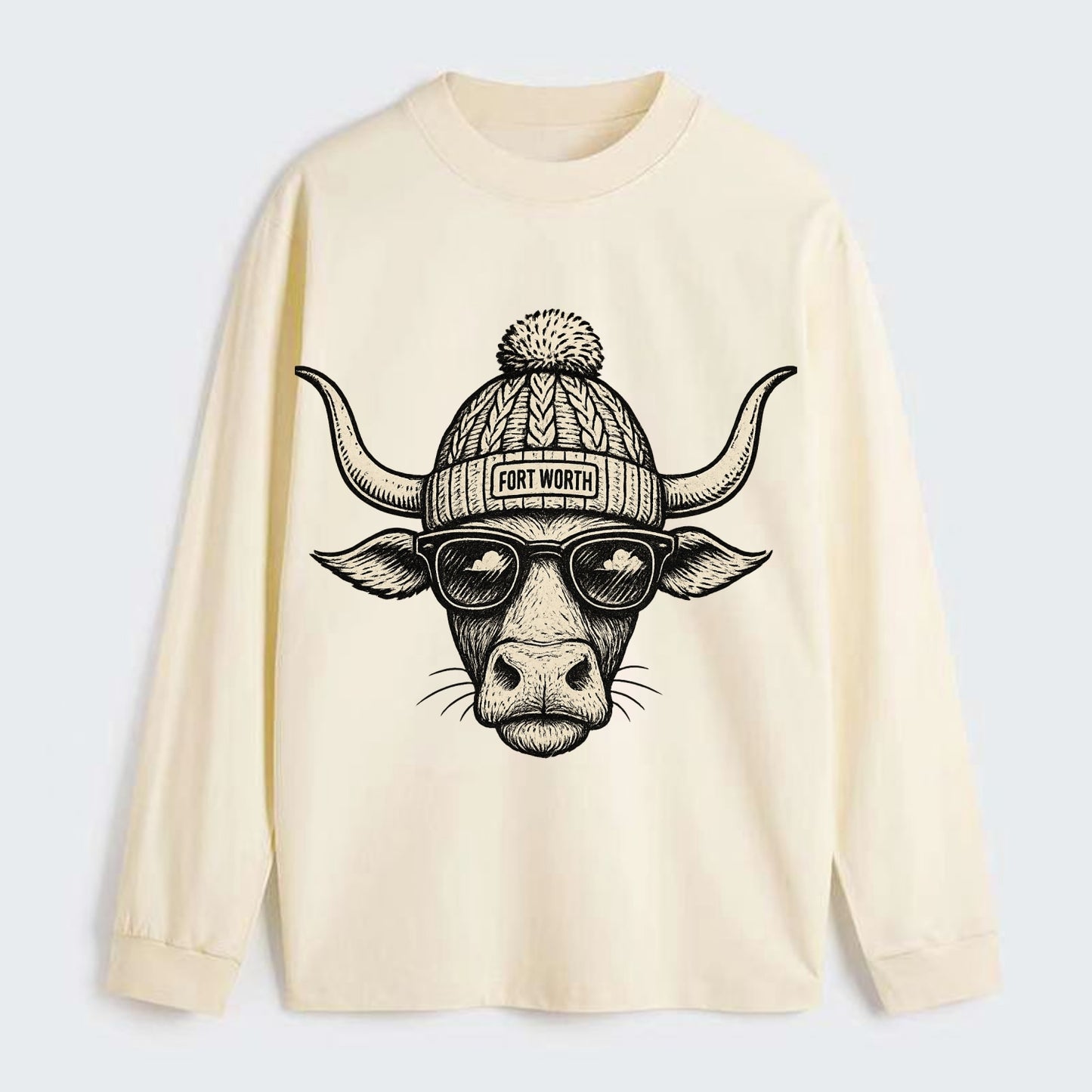 Fort Worth Longhorn wearing Fort Worth beanie with pom pom and wayfarer - Classic Long Sleeve Shirt - Beige