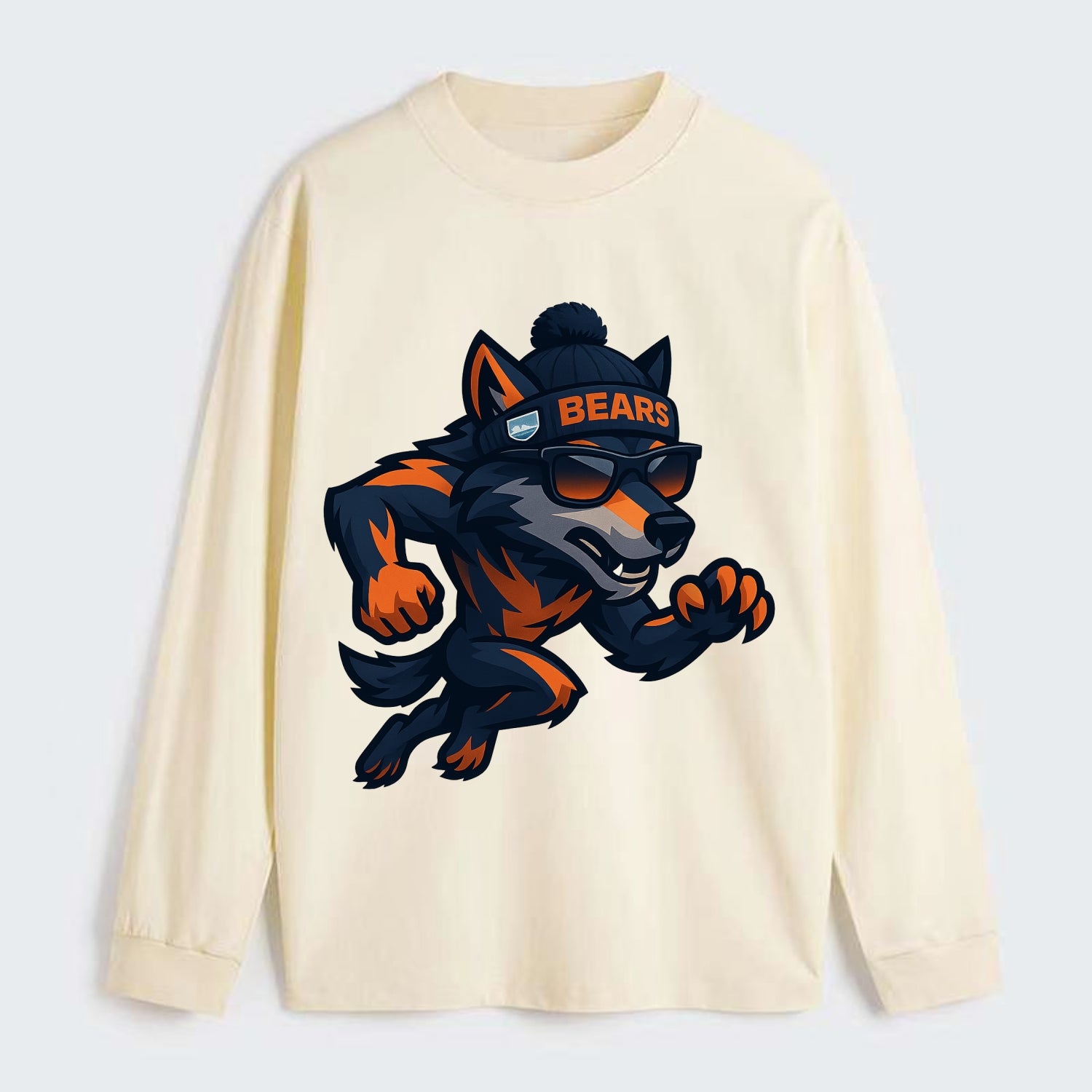 Chicago Wolf wearing Bears beanie with Lake Michigan patch and wayfarer - Classic Long Sleeve Shirt - Beige