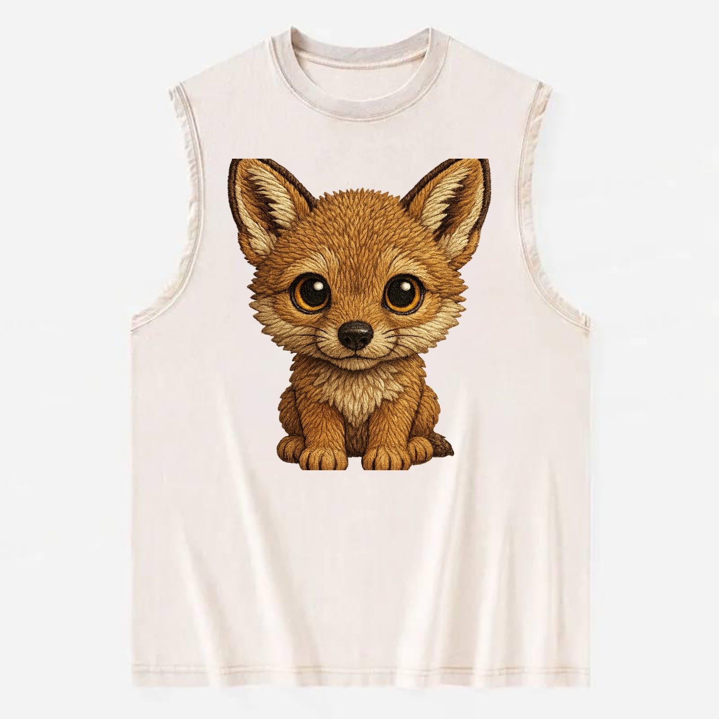 Baby Coyote Pup - tan fur, large ears, golden eyes, front-facing, clever baby - Vintage Washed Tank - Beige