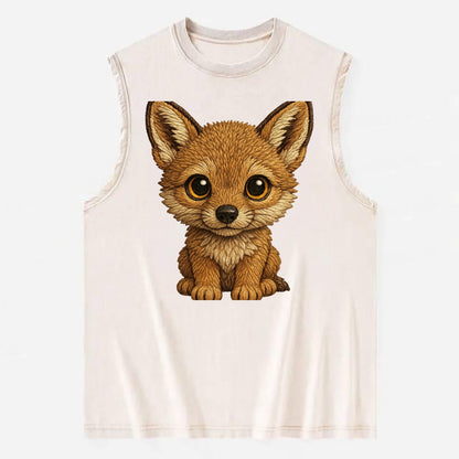 Baby Coyote Pup - tan fur, large ears, golden eyes, front-facing, clever baby - Vintage Washed Tank - Beige