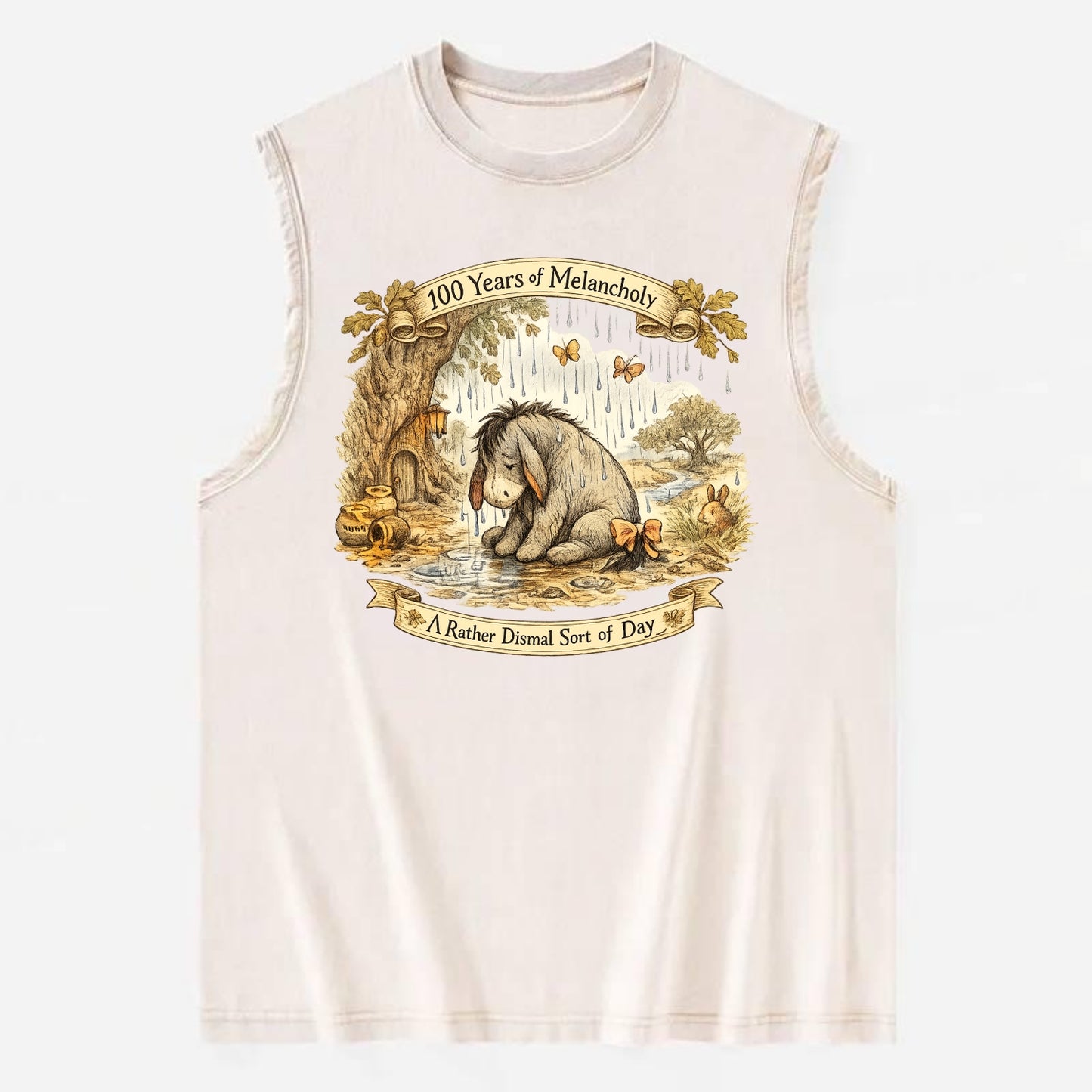 GLOOMY GLEN | Droopy figure in rain | Tattered tail bow | Pessimistic poetry - Vintage Washed Tank - Beige