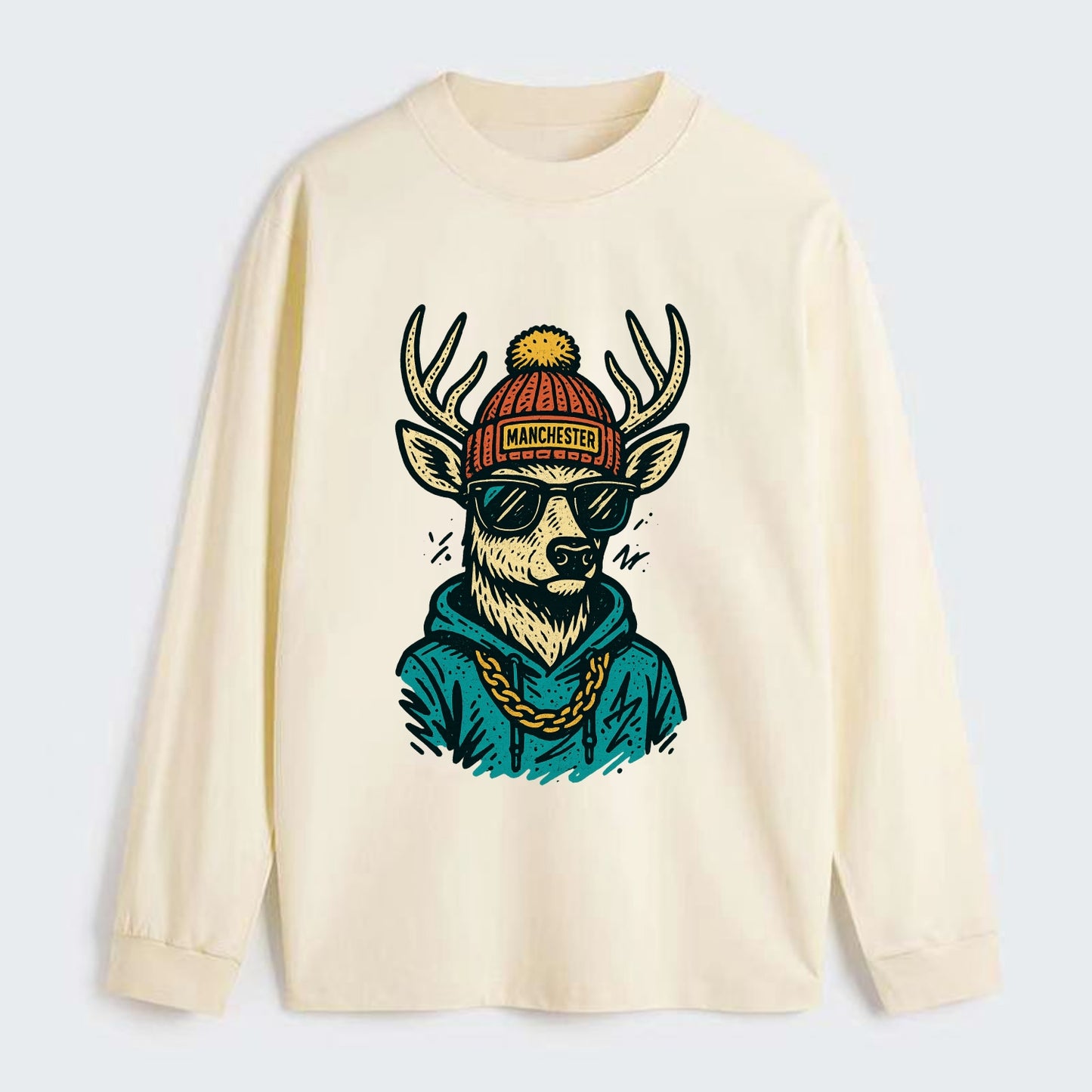 New Hampshire White-tailed Deer wearing Manchester beanie with pom pom - Classic Long Sleeve Shirt - Beige