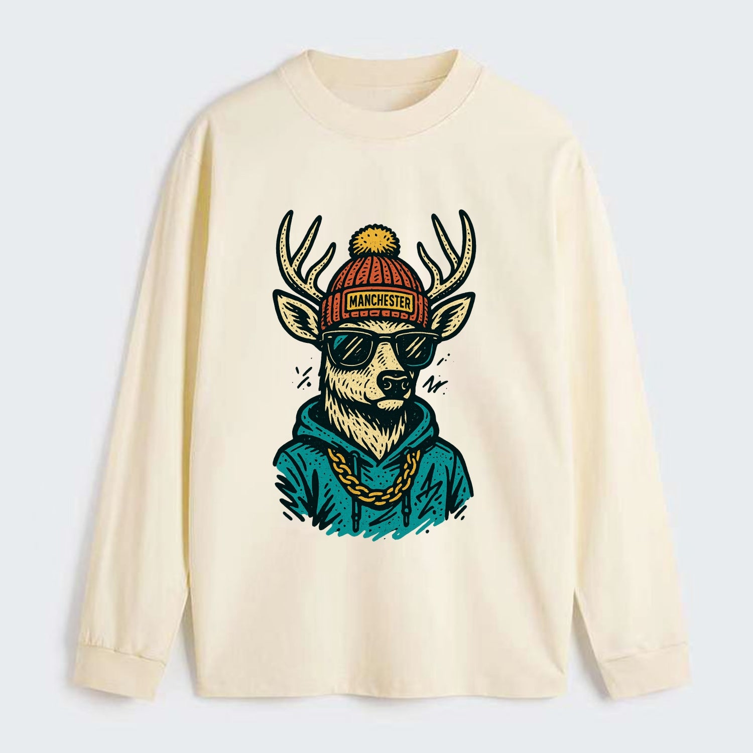 New Hampshire White-tailed Deer wearing Manchester beanie with pom pom - Classic Long Sleeve Shirt - Beige