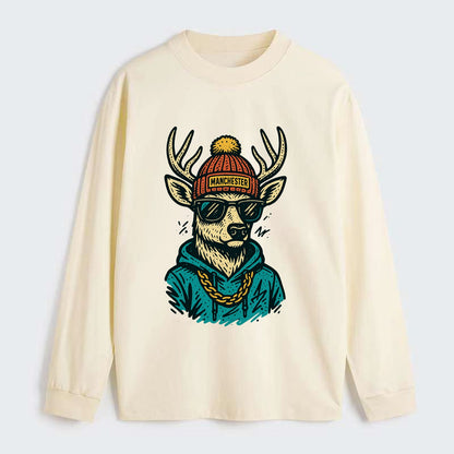 New Hampshire White-tailed Deer wearing Manchester beanie with pom pom - Classic Long Sleeve Shirt - Beige