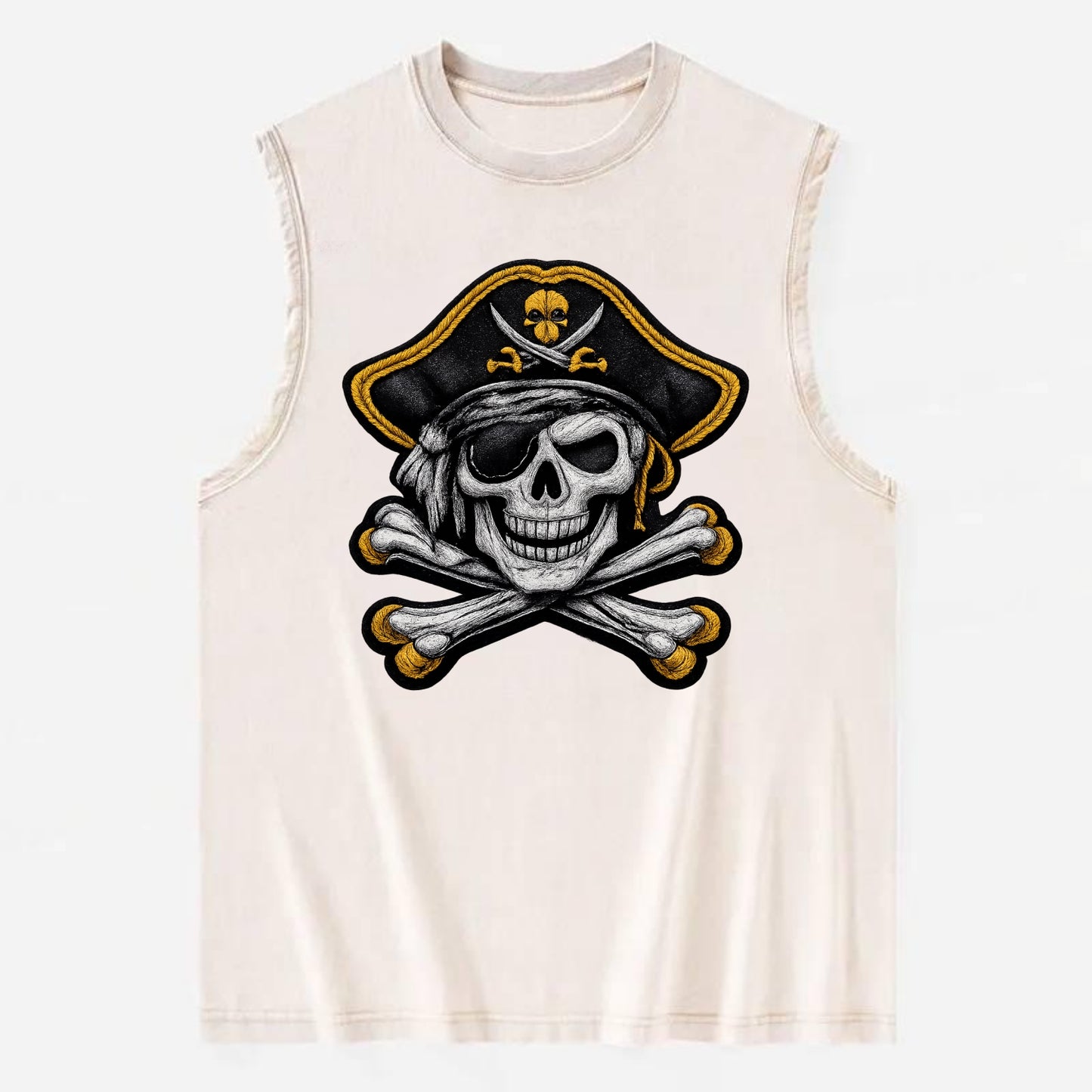 PIRATE SKULL - Jolly Roger skull in black and white , pirate - Vintage Washed Tank - Beige