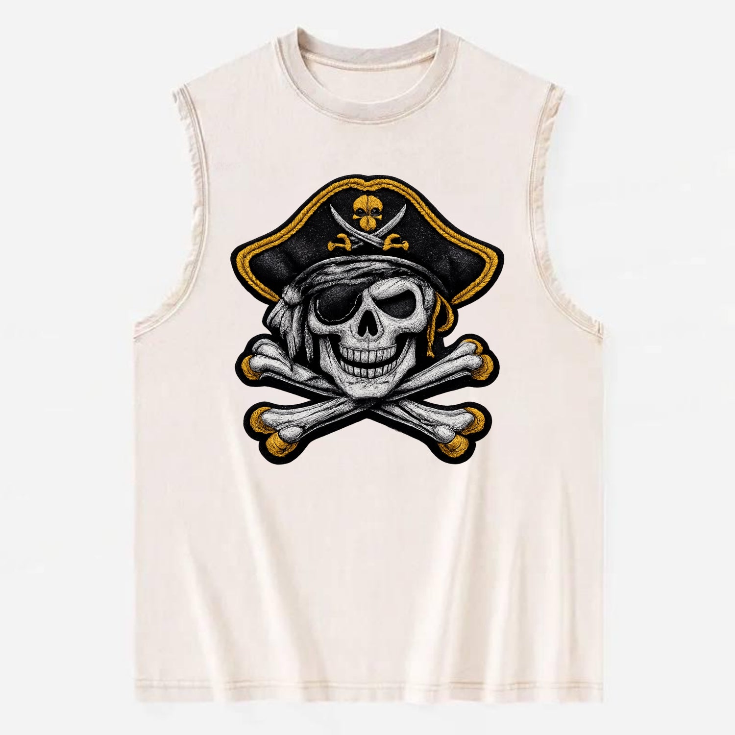 PIRATE SKULL - Jolly Roger skull in black and white , pirate - Vintage Washed Tank - Beige