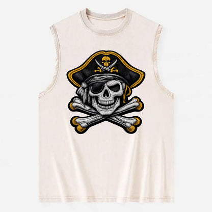 PIRATE SKULL - Jolly Roger skull in black and white , pirate - Vintage Washed Tank - Beige