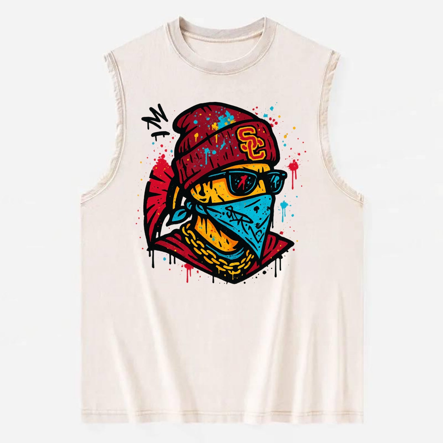 Los Angeles Trojan wearing USC beanie with SC patch - Vintage Washed Tank - Beige