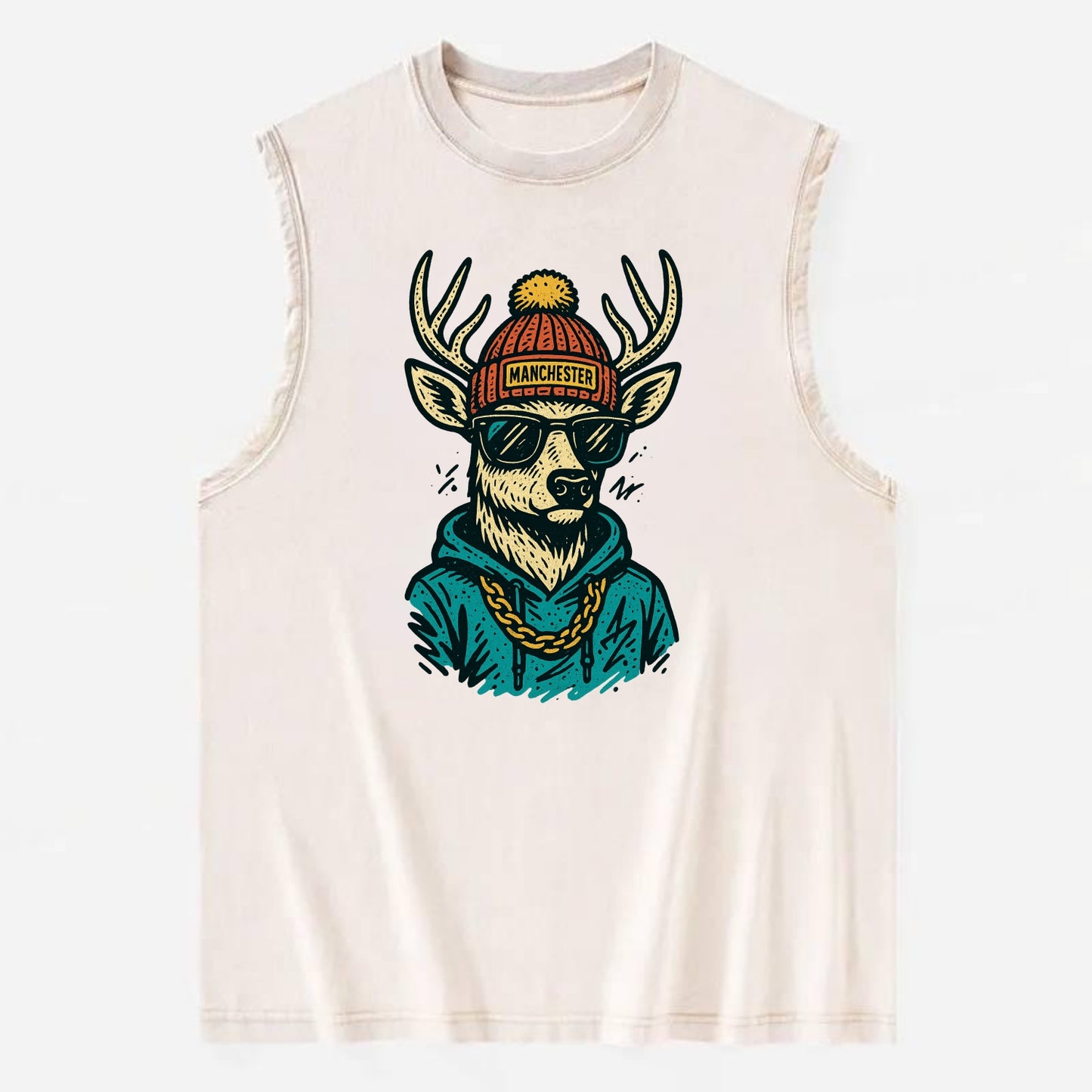New Hampshire White-tailed Deer wearing Manchester beanie with pom pom and - Vintage Washed Tank - Beige