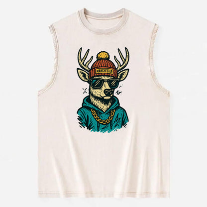 New Hampshire White-tailed Deer wearing Manchester beanie with pom pom and - Vintage Washed Tank - Beige