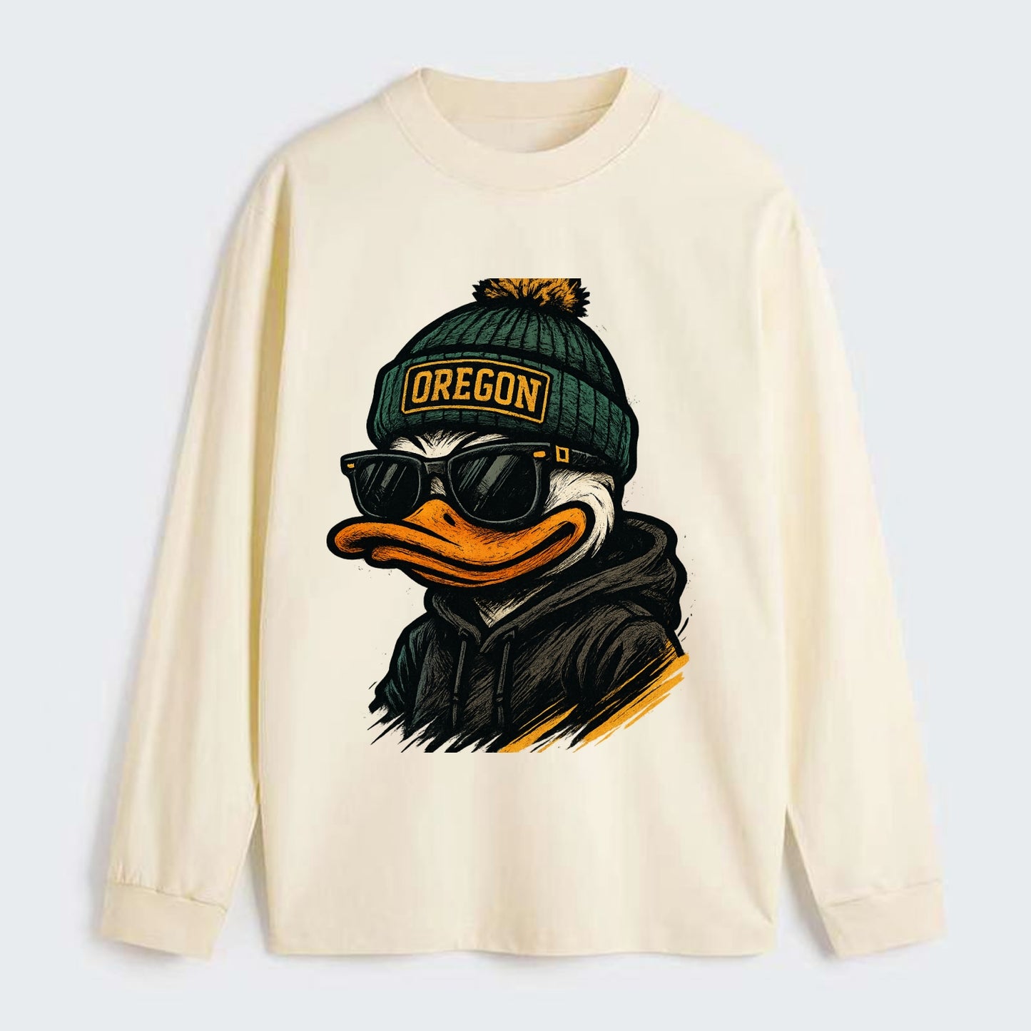 Eugene Duck wearing Oregon beanie with O patch - Classic Long Sleeve Shirt - Beige