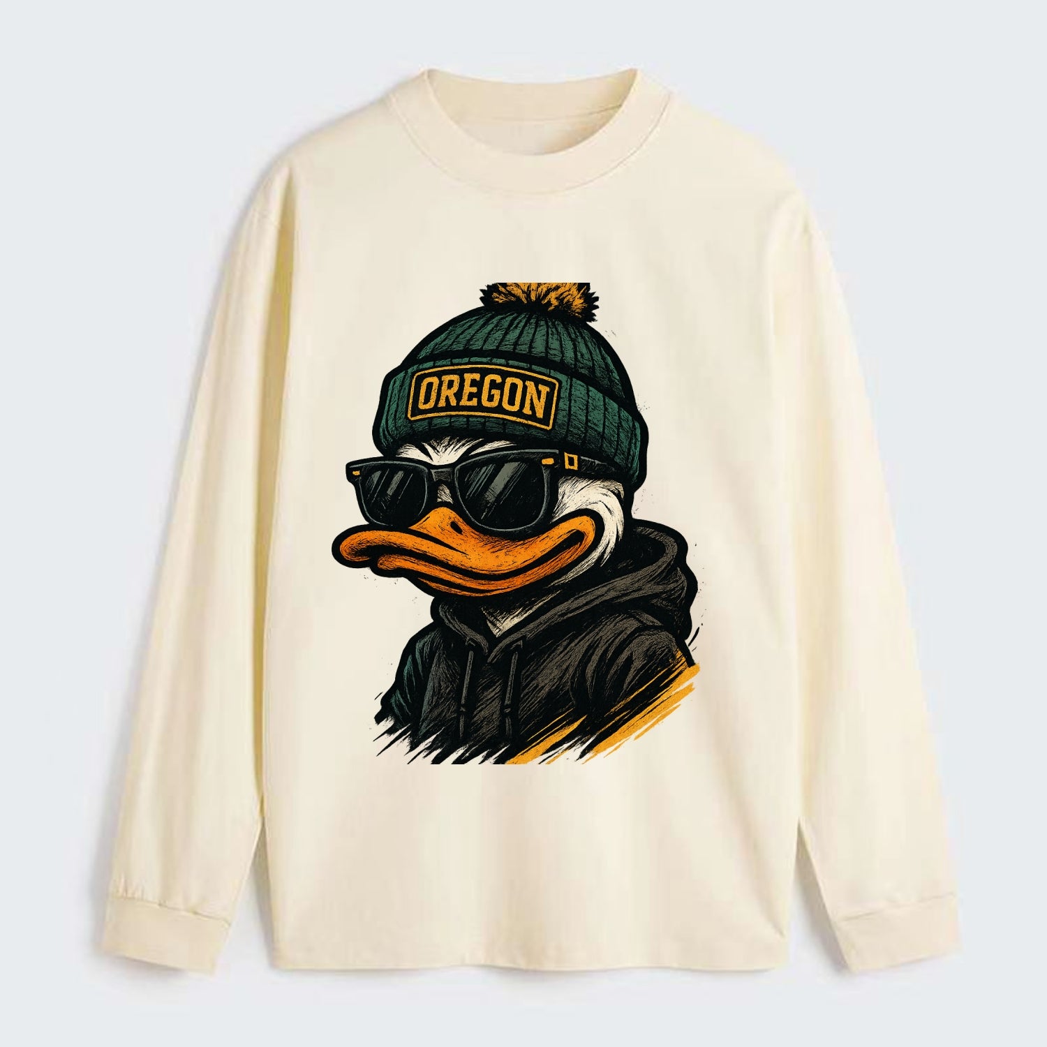 Eugene Duck wearing Oregon beanie with O patch - Classic Long Sleeve Shirt - Beige