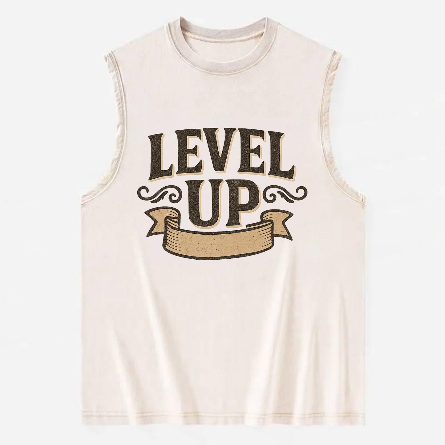 Bold typography design - "LEVEL UP" - improving, advancing, growing - Vintage Washed Tank - Beige