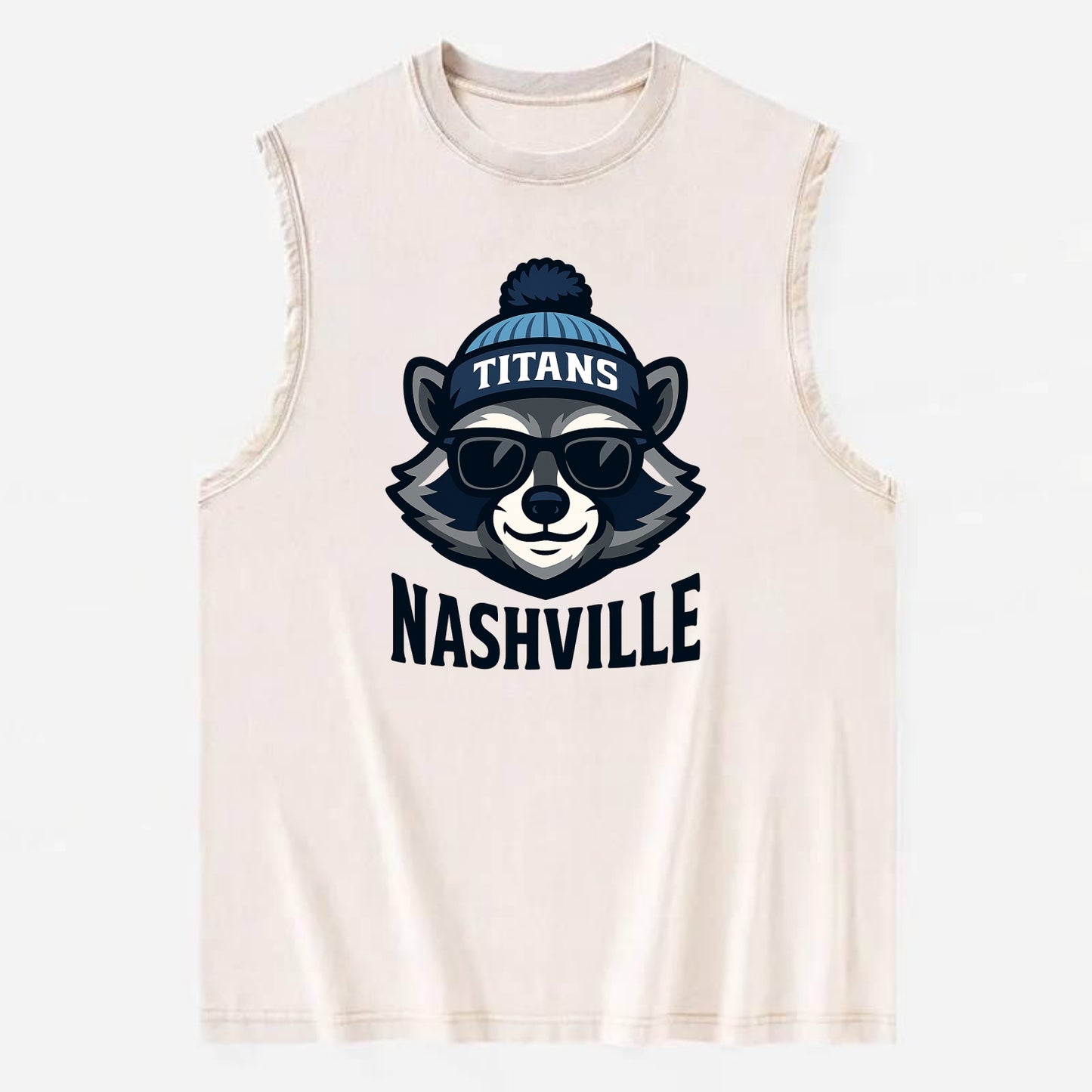 Nashville Raccoon wearing Titans navy and light blue beanie with pom pom and - Vintage Washed Tank - Beige