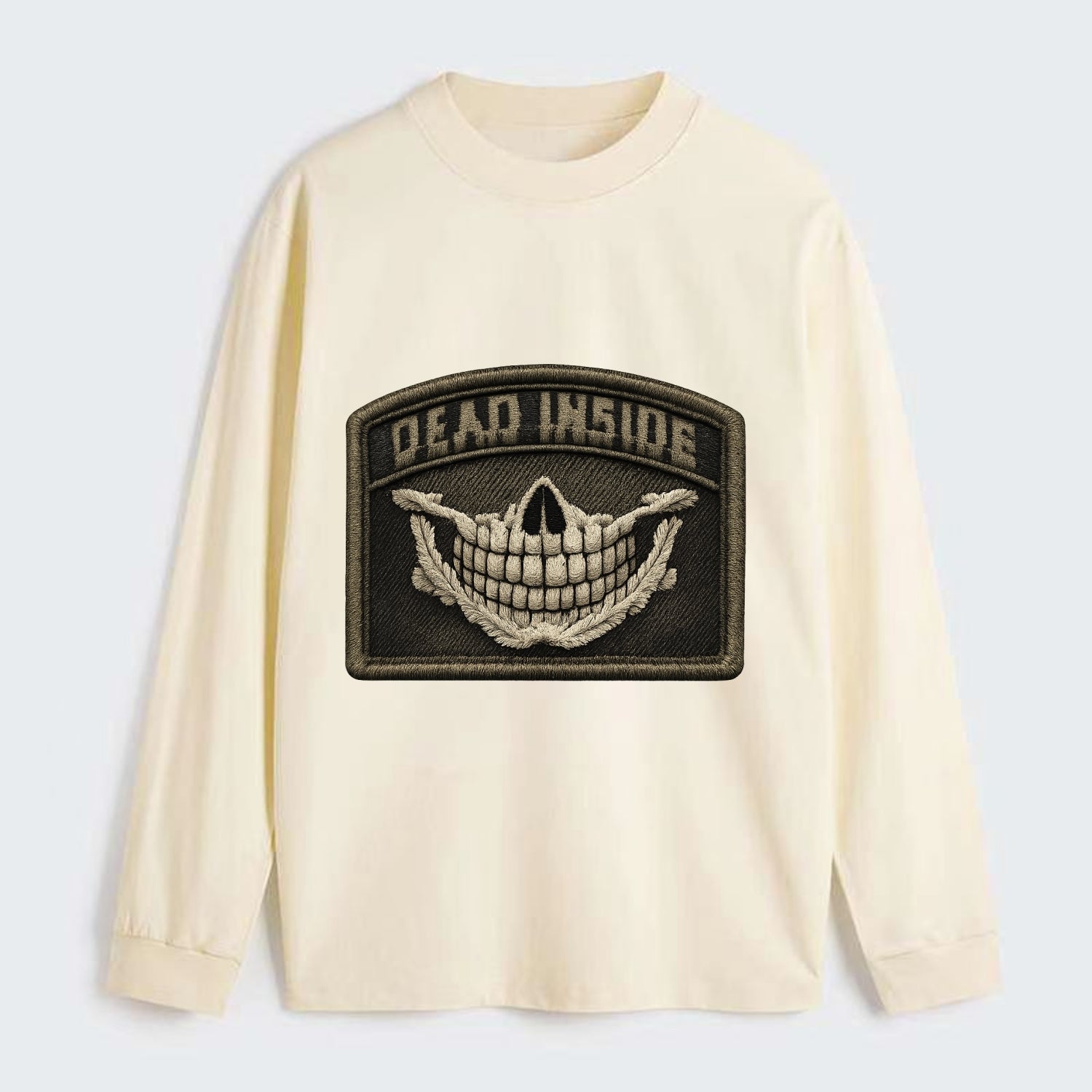 DEAD INSIDE SMILE - skeleton smile in white , dark humor - Classic Long Sleeve Shirt - Beige