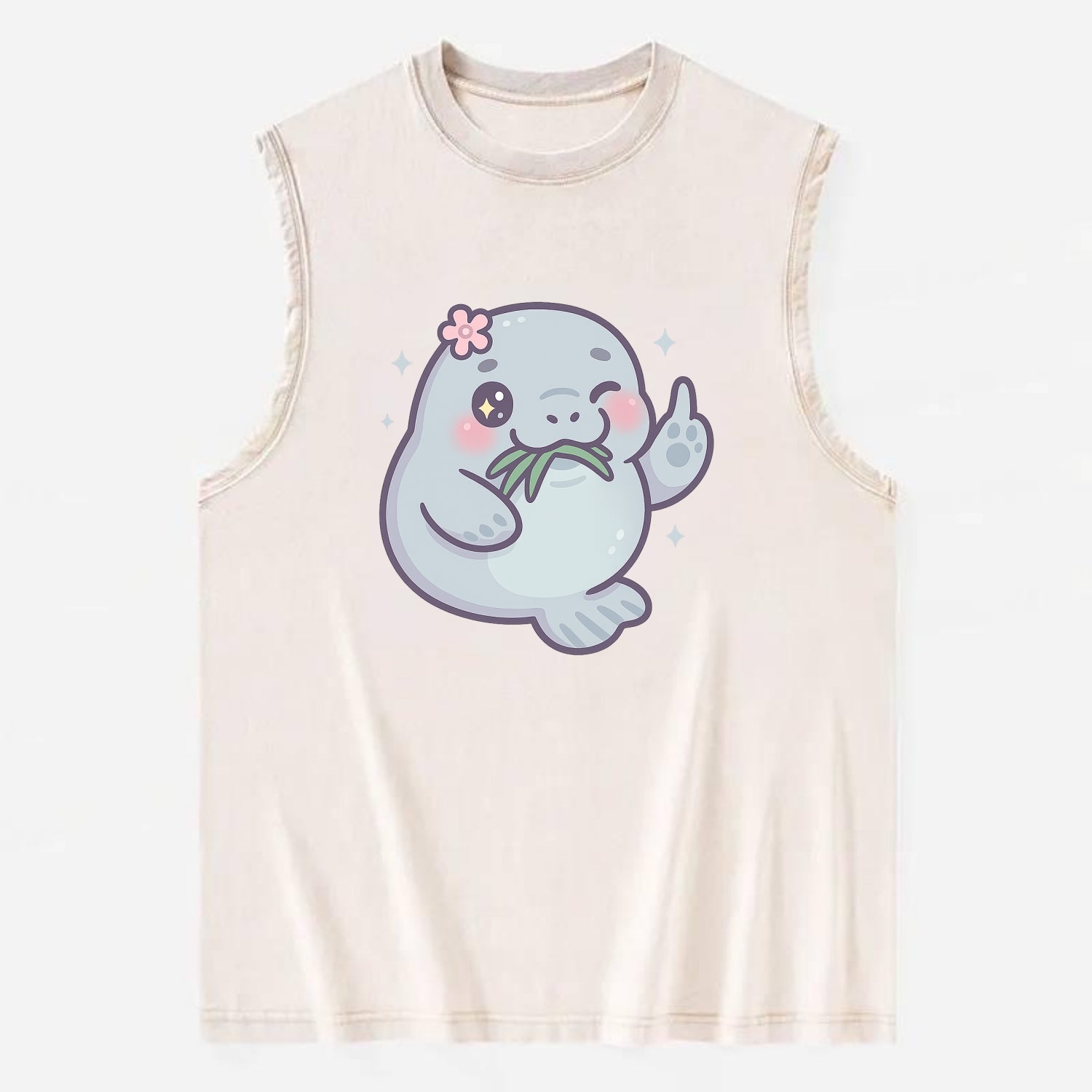 chubby manatee munching on seagrass, one flipper raised with sass - Vintage Washed Tank - Beige